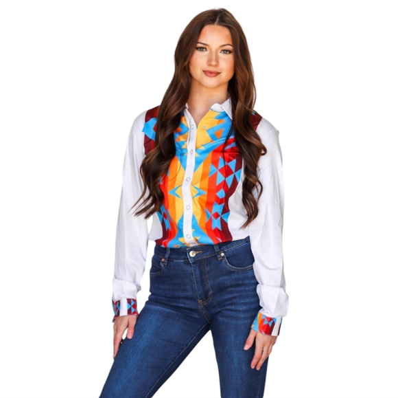 RANCH DRESS'N Fallon Taylor "Atoka" white/blue Performance rodeo shirt sz L NWT - Picture 2 of 11